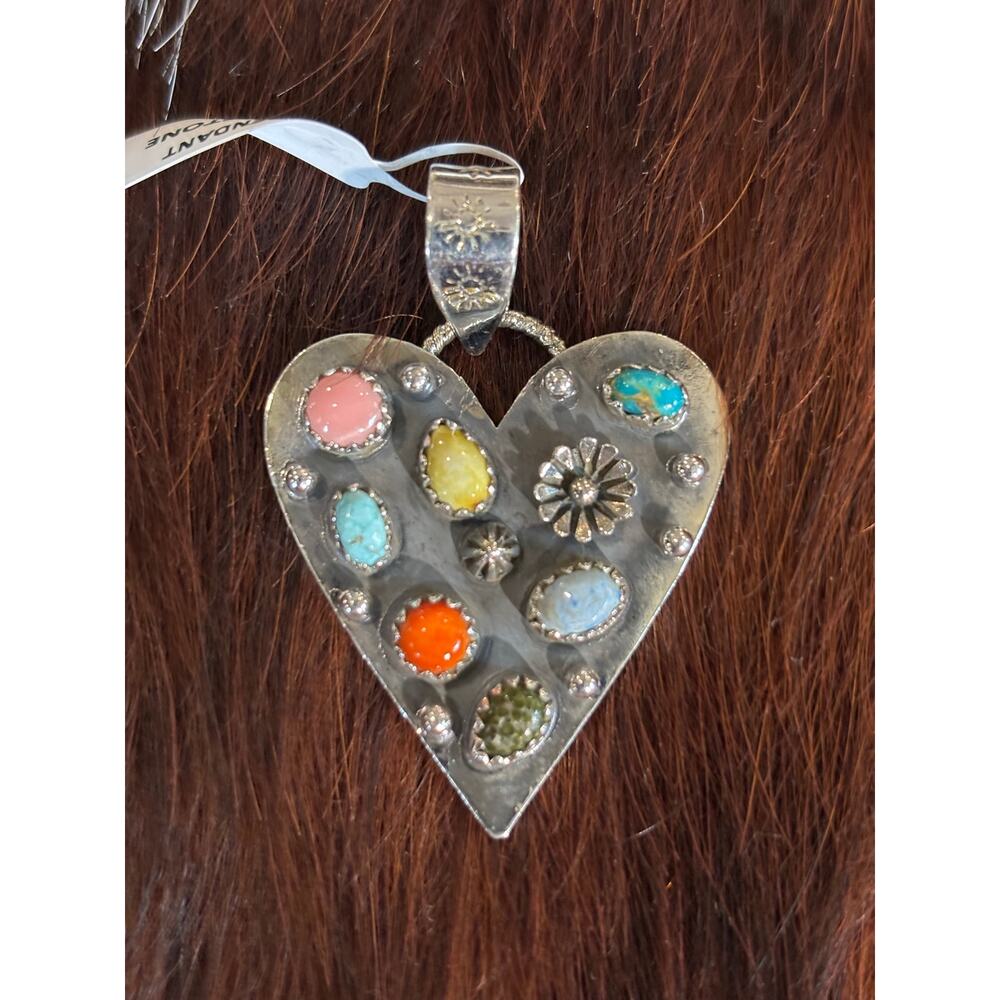 Multi-Stone Heart Pendant – Sonoran & Number 8 Turquoise, Pink Conch, SS